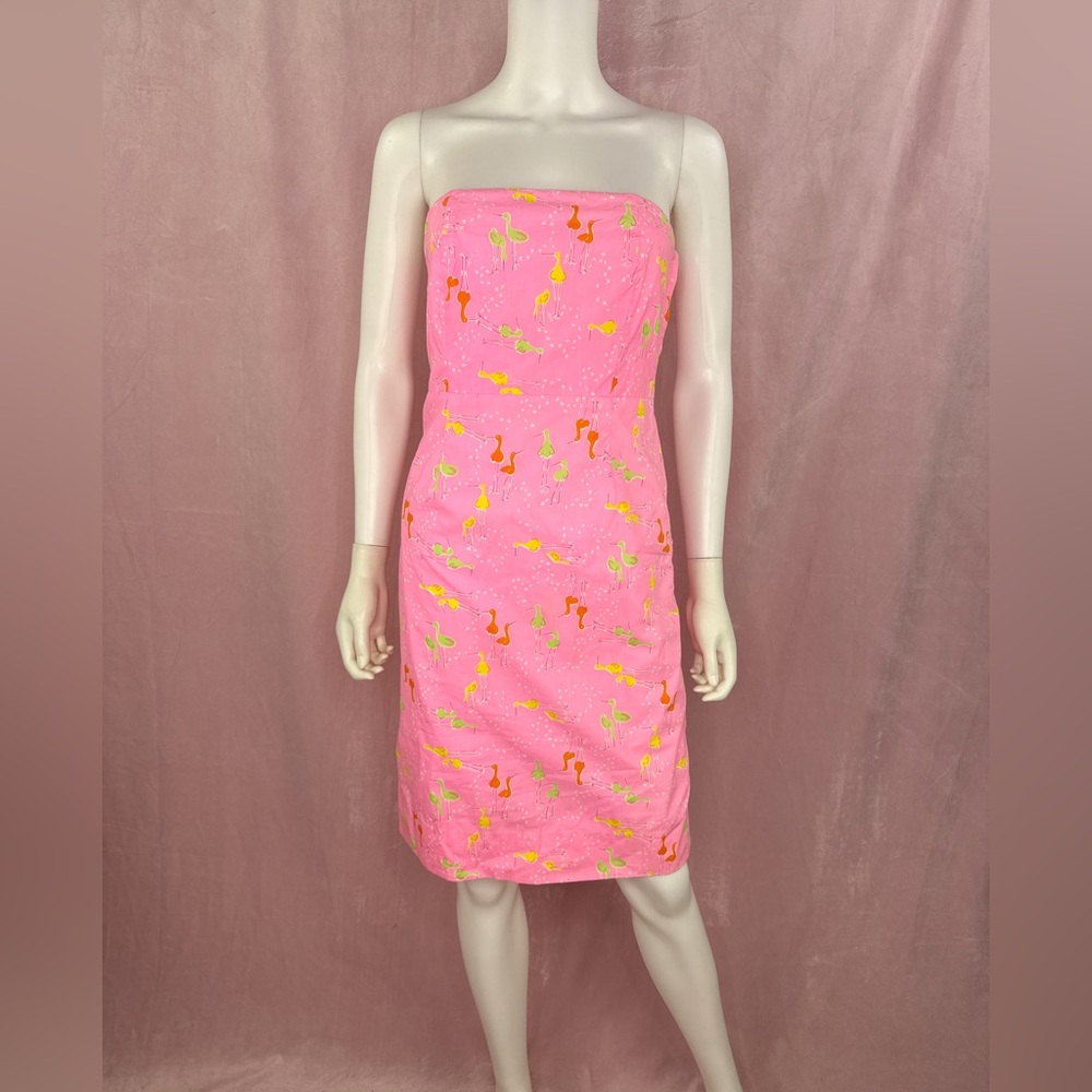 Lilly Pulitzer Womens Vintage Pink Cotton Bird Print Dress Size 4 Strapless